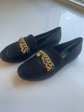 Karl Lagerfeld Black Loafers with Gold Chain Trim